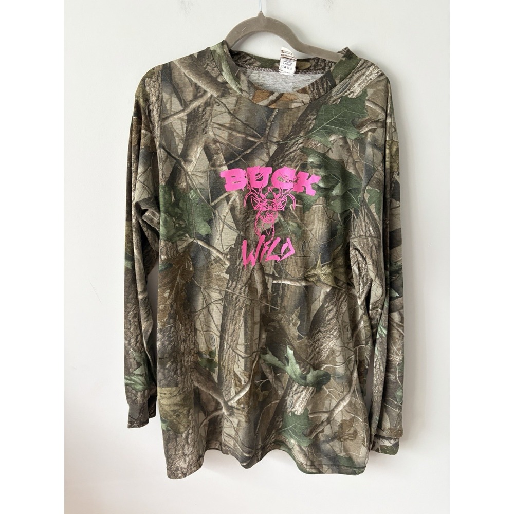 Vtg Y2K Realtree Camo Long Sleeve Graphic Tee - Pink Buck n Wild - Sz Large USA